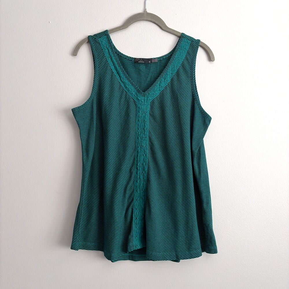 prAna Womens Tank Top Teal Black Striped Size Medium Cotton Summer Casual